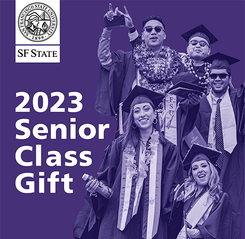 Graphic that shows five grads dressed in regalia with the text 2023 Senior Class Gift