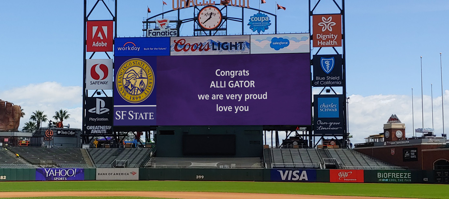 Oracle Park Scoreboard reading ' Congrats Alli Gator we are very proud love you'